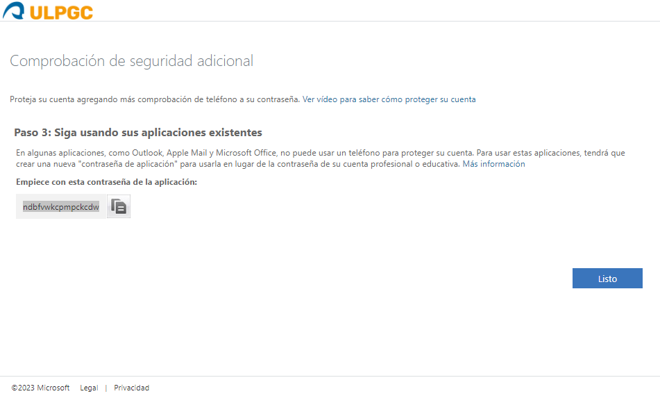 Captura de "Comprobación de seguridad adicional" Contraseña de aplicación