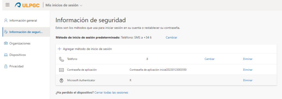 Información de seguridad de Multifactor