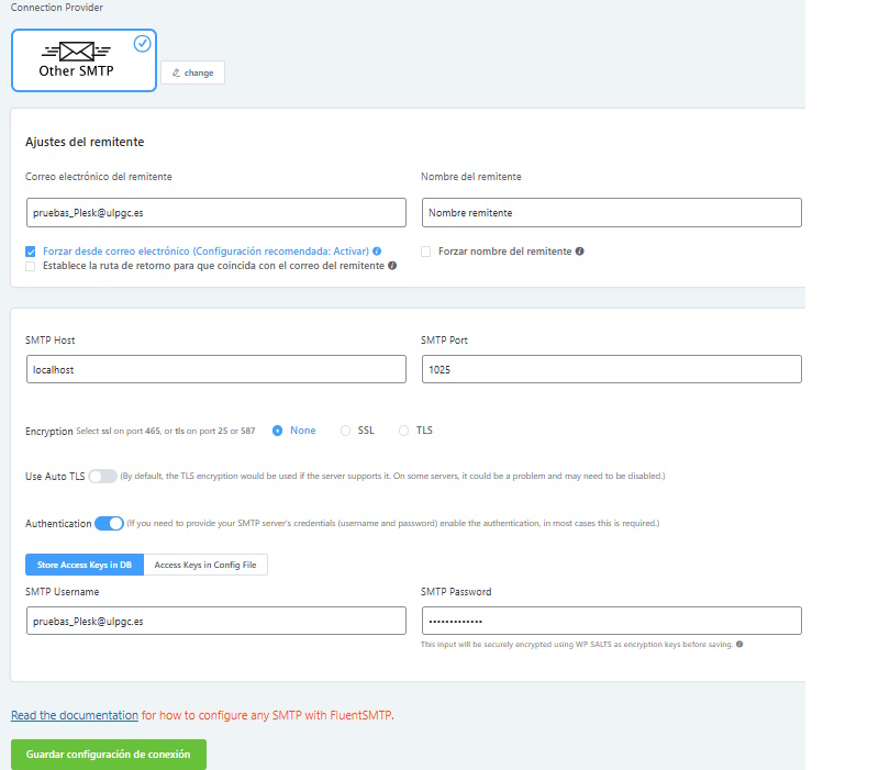 Captura configuración fluentSMTP