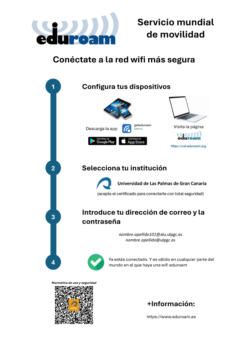 Paso 1, descarga la aplicación geteduroam de tu tienda o visita la web cat.eduroam.org. Selecciona tu institución y acepta los certificados que se ofrecen en la instalación. El usuario de eduroam debe ser tu correo electrónico y tu contraseña.